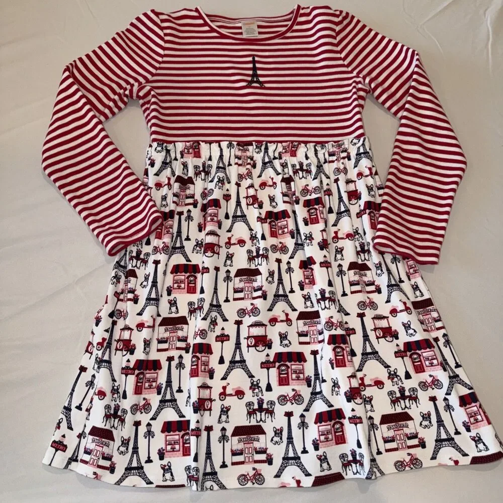 Gymboree Dress Girls Sz 12 Red Blue Fit & Flare Eiffel Tower Paris Frenchie
